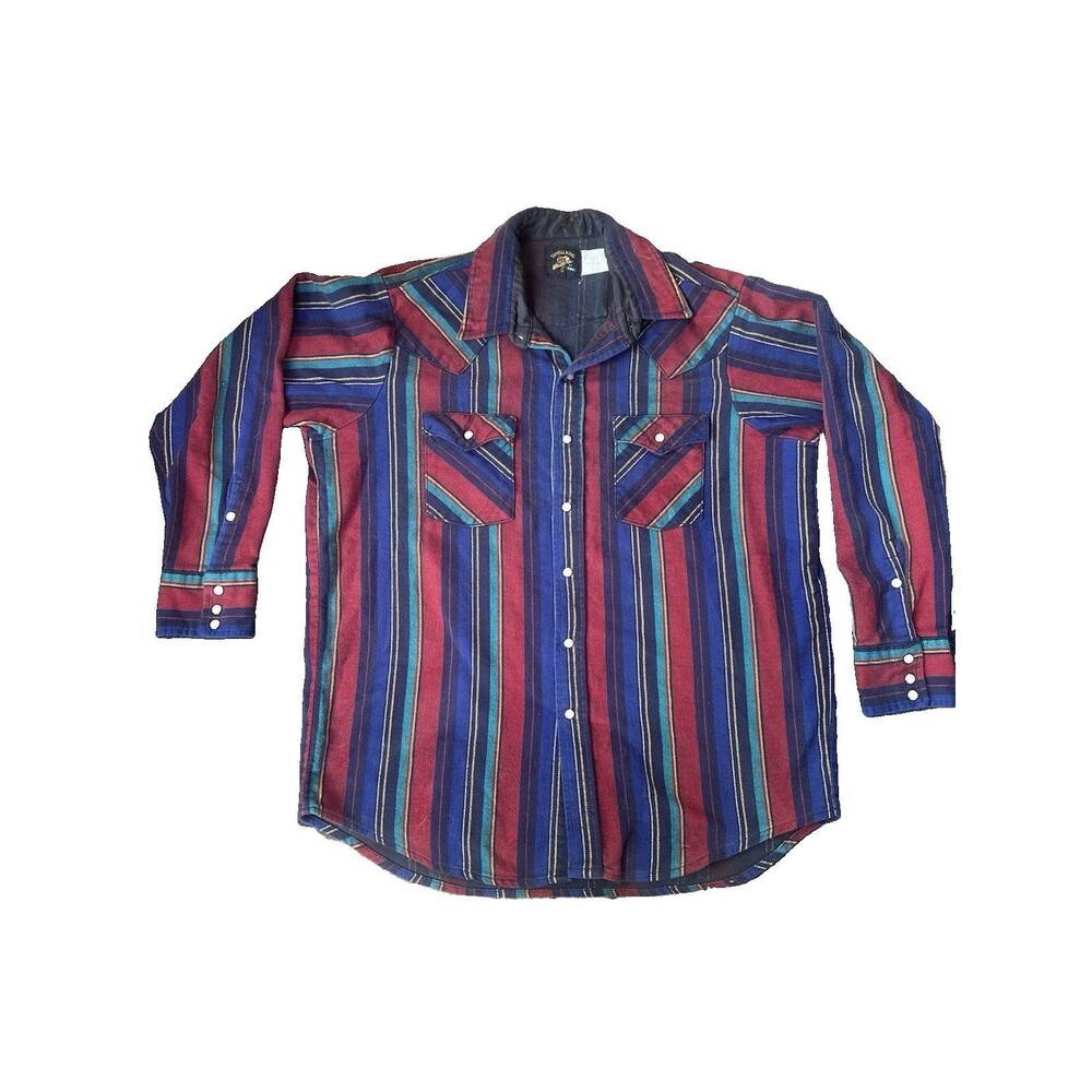 Vintage Saddle King Western Shirt XL 17.5 Pearl Snap Striped USA Made
